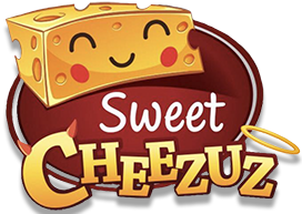 illustration of a light orange coloured wedge of cheese with a happy face. The eyes are closed, the smile is turned upward and there are two rosy cheeks. The background is an elongated circle in a brick colour and below are floating letters that read Sweet Cheezuz. The letter C has a set of little red horns and the there a gold halo above the last z.