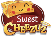 illustration of a light orange coloured wedge of cheese with a happy face. The eyes are closed, the smile is turned upward and there are two rosy cheeks. The background is an elongated circle in a brick colour and below are floating letters that read Sweet Cheezuz. The letter C has a set of little red horns and the there a gold halo above the last z.